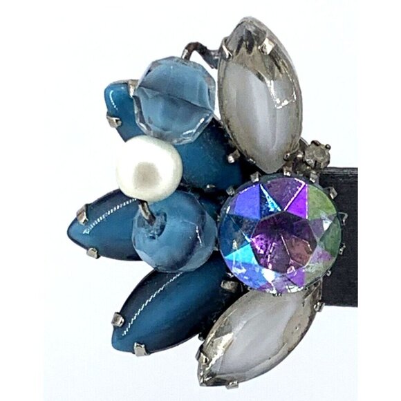 Hobe Earrings Clip on Blue Milk Aurora Borealis Faux Pearls Glass Rhinestones Vt - Picture 2 of 8